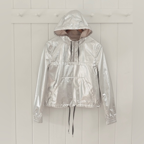 H&M Coachella Official Collection Silver Metallic Rain Jacket Hooded Quarter Zip - Picture 3 of 13